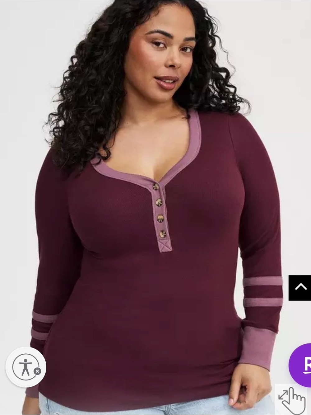 Size 3 varsity stripe long sleeve raglan Henley tee mauve purple